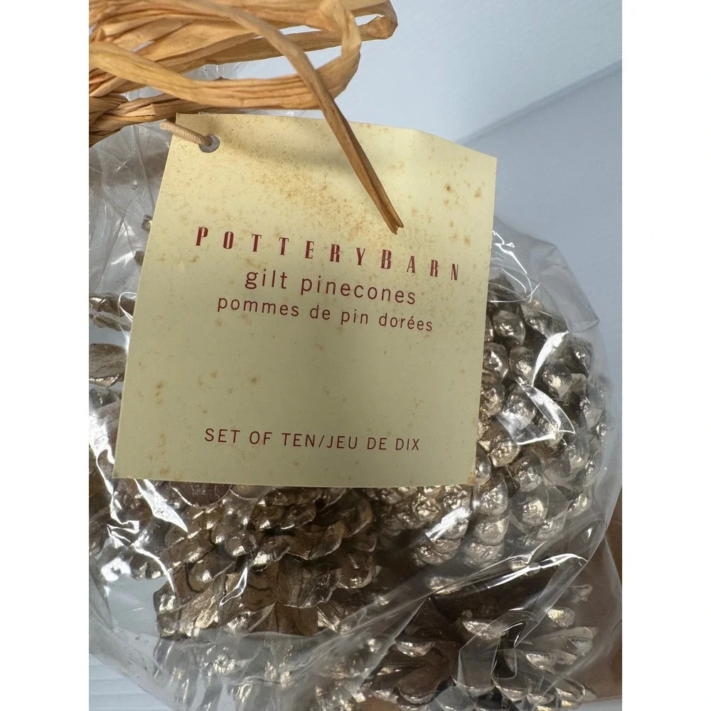 Pottery Barn Pinecones Set of 10 Gold Natural Wood Italian Holiday Decor NEW